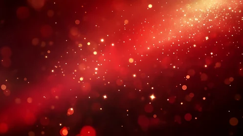 Red bokeh light field glows with scattered golden particles