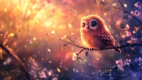 Whimsical baby owl on blossom branch, dreamy fantasy art style.
