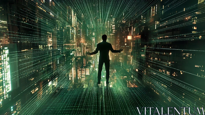 Silhouette controlling neon data city within digital matrix.