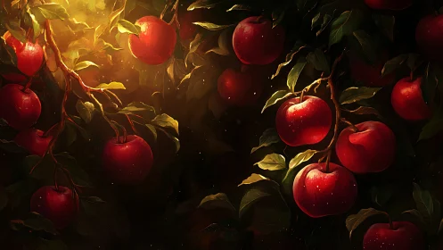 Sunlit orchard apples glowing in a cozy autumn twilight.