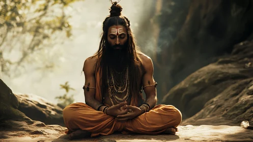 Peaceful forest yogi resting in golden morning stillness.