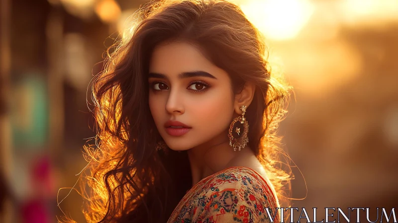 Sunlit curls trade secrets with dusk around her quiet gaze