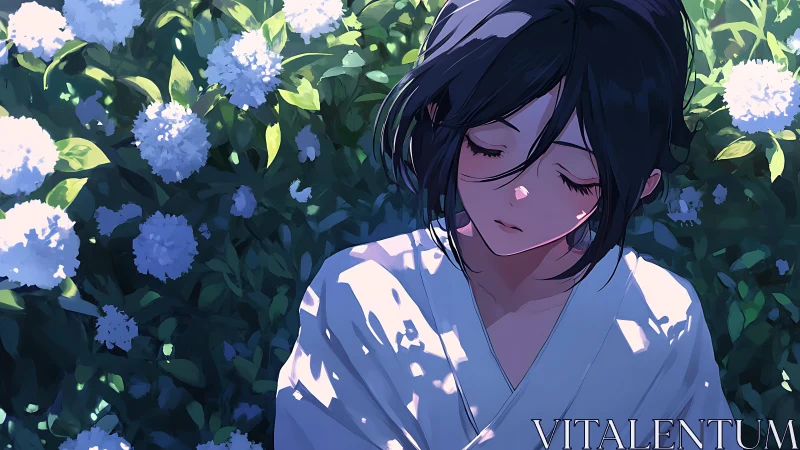 Girl with closed eyes among dense white garden flowers.