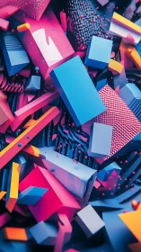 Neon geometric blocks collide inside abstract digital depth