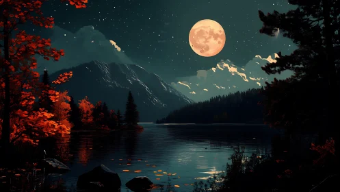 Moonlit alpine lake with crimson foliage and reflective water.