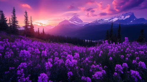 Purple wildflower meadow under vivid alpine sunset sky.