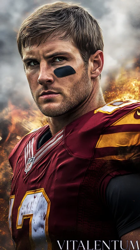 Determined football player stands strong in fiery stadium light