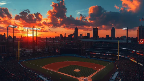 Sunset-lit baseball stadium frames dramatic urban skyline