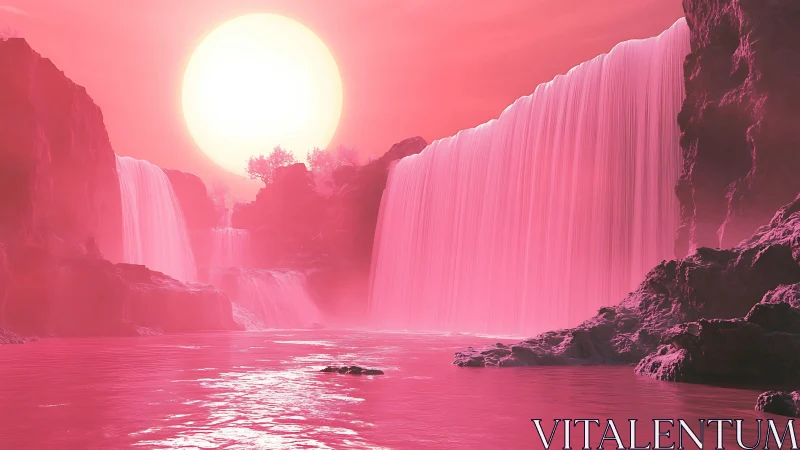 Pink alien waterfalls glow beneath an enormous pastel sun