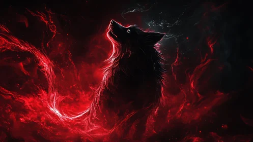 Fiery spirit fox rising in swirling crimson night glow.