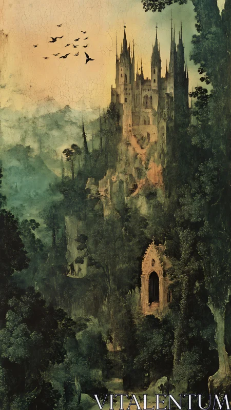 Gothic cliffside castle rises over misted primeval forest.