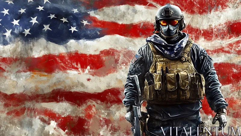 Armored tactical soldier stands before distressed US flag backdrop
