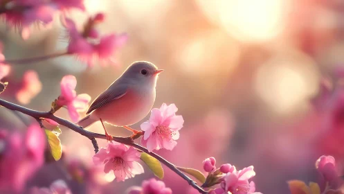 Small Bird Perched Among Pink Blossoms in Morning Light