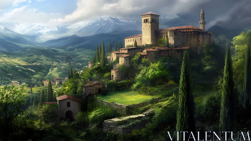 Hilltop fortress above sunlit valley and snowy peaks.