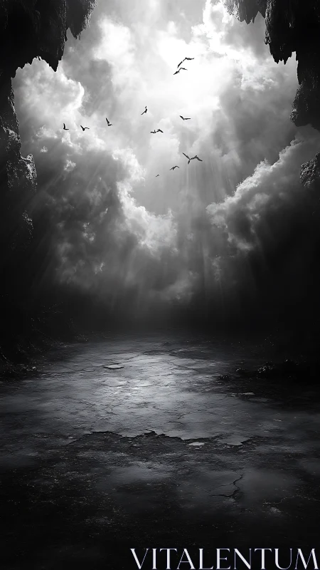 Stormlit cavern mouth with silhouetted birds in ascent.