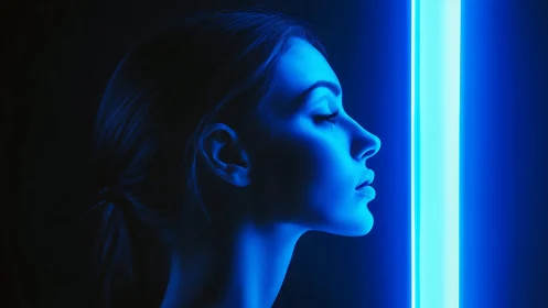 Profile portrait of woman lit by vertical blue neon bar.