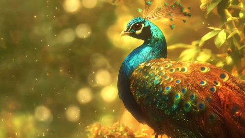 Iridescent peacock glows against golden bokeh forest light