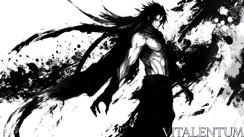 Inkstorm ronin rising from tidal waves of living shadow.