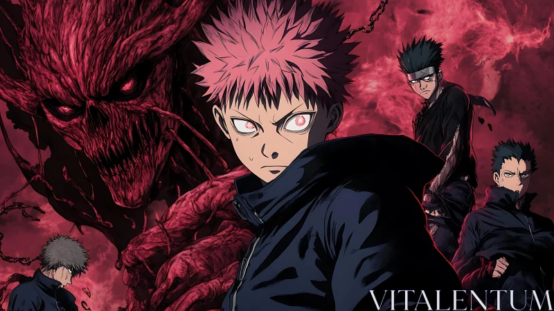 Pink haired fighter confronts demonic entity in crimson void