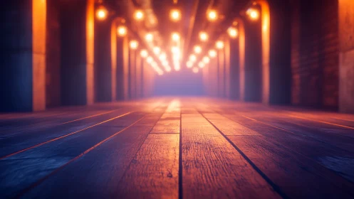 Tunnel of ember lights over twilight timber floorboards.