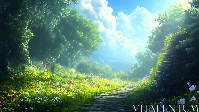 Stone pathway through flowering meadow bordered by trees.