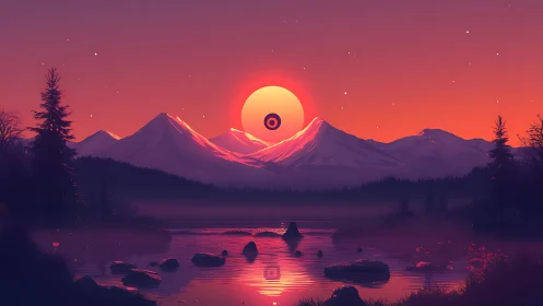 Surreal crimson sunset above violet mountain lake panorama.