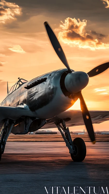 Sunset-lit vintage propeller aircraft on tarmac runway.