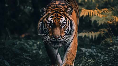 Low light frontal capture of stalking Bengal tiger in jungle