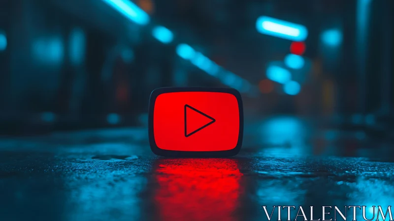 Red play button icon glowing on wet urban surface