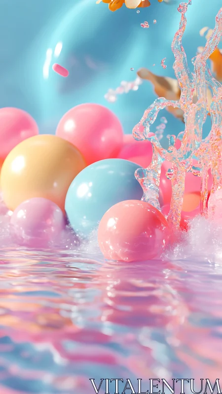 Pastel spheres and liquid splash in glossy 3D environment.