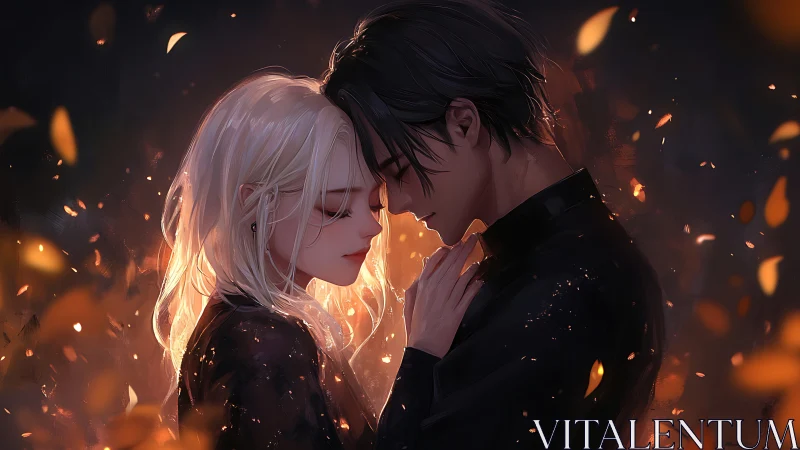 Two figures in intimate proximity amid glowing particle effects.