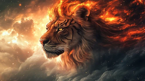 Fiery celestial lion emerges from glowing storm clouds.