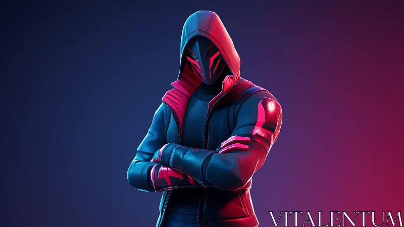 Neon hooded guardian standing bold in glowing twilight.