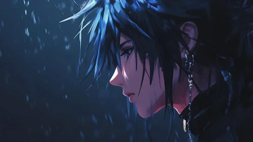 Side profile shows blue haired character in dim rainlight