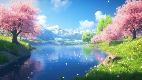 Spring alpine lake with cherry blossoms and high dynamic range lighting