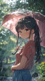 Girl holds umbrella in rainfall within lush outdoor park