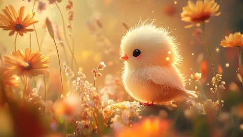 Fluffy chick discovers a golden field of whimsical blooms