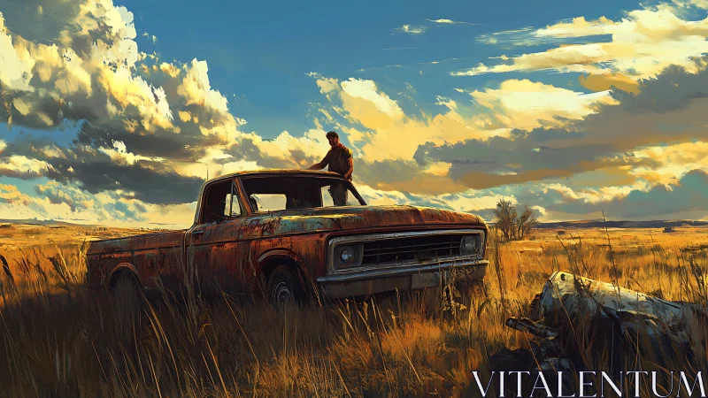 Rusting pickup truck in open grassland under clouded sky.