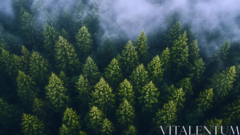 Dense evergreen forest with morning mist, aerial landscape photography.