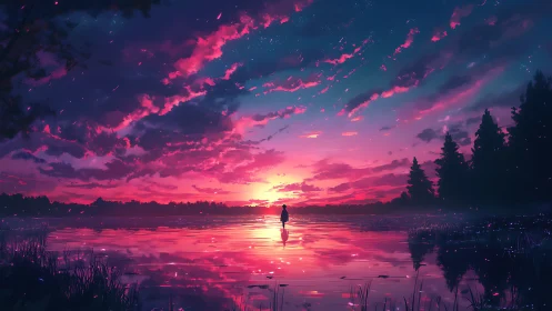 Chromatic dusk horizon with solitary figure on reflective lake.