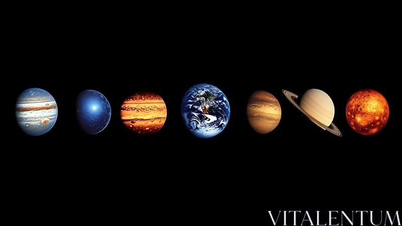 Photorealistic planet lineup against deep black space backdrop.