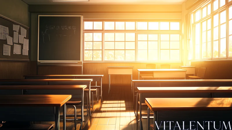 Sunlit empty classroom glows with warm evening light.