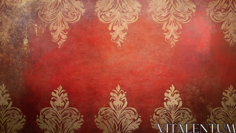 Vintage red damask pattern on textured ornamental wall.