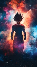 Silhouetted anime warrior against vivid cosmic nebula