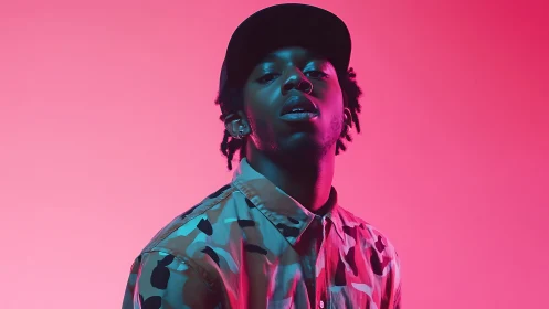 Portrait of young man in camo shirt under neon light.