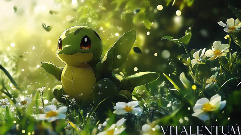 Cute green reptile creature glows in a sunlit flower meadow.