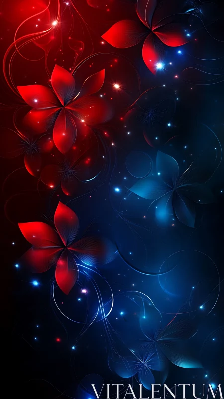 Glowing red and blue blossoms drifting through starlit night.