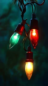 Tri-color C7 holiday bulbs with soft bokeh teal backdrop