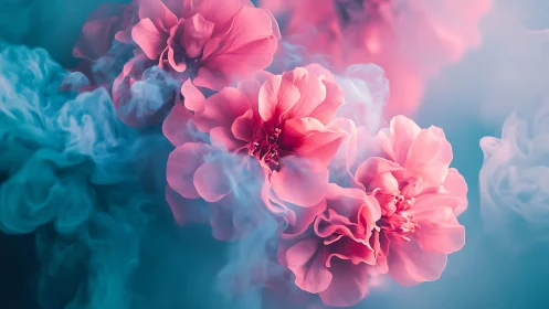 Blush petal clouds drifting through teal dreamsmoke.