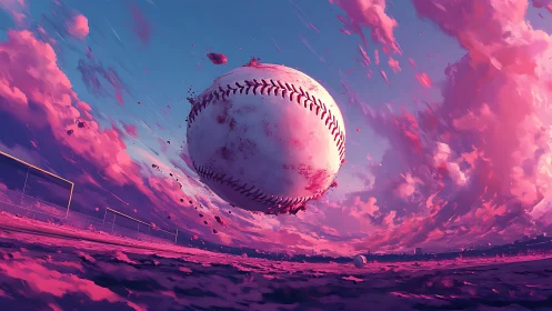Giant baseball arcs over glowing pink sunset field sky